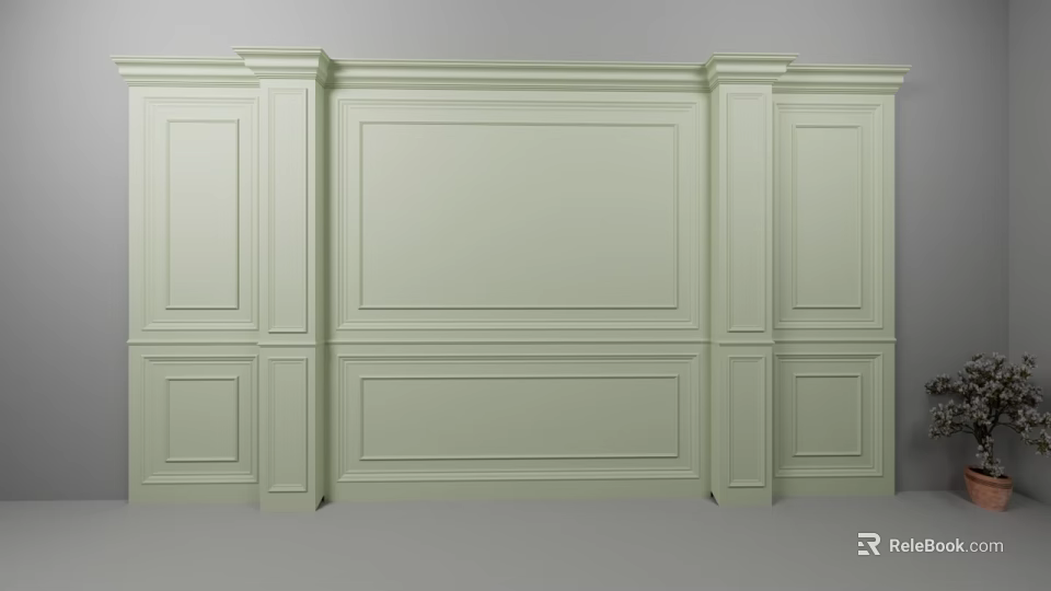 Light Green Paneled Background Wall With Decorative Moldings And Columns 3d model
