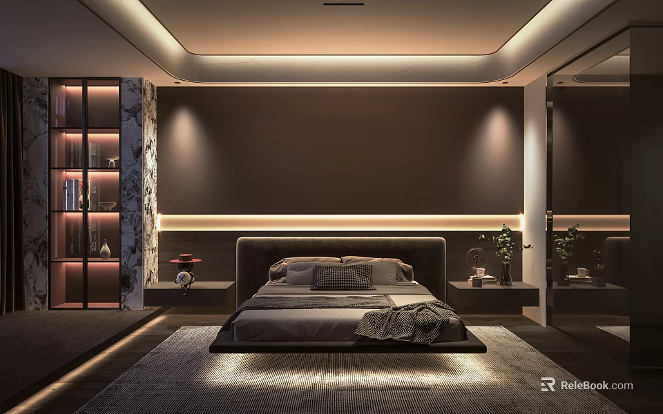Modern Minimalist Bedroom Interior Design With Recessed Lighting Bedhead Wall Area Rug And Display Cabinet 3d model 