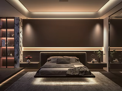 Modern Minimalist Bedroom Interior Design With Recessed Lighting Bedhead Wall Area Rug And Display Cabinet 3d model