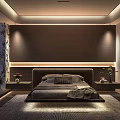 Modern Minimalist Bedroom Interior Design With Recessed Lighting Bedhead Wall Area Rug And Display Cabinet