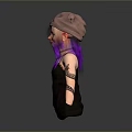 Woman With Purple Hair Cat Ear Hat Arm Tattoos Striped Sleeves And Black Camisole Dress