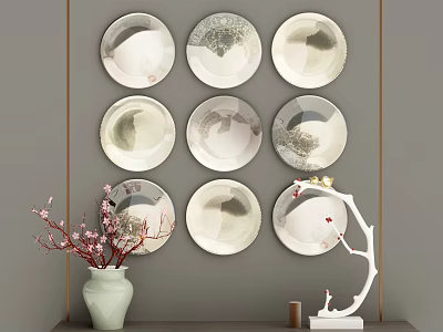Nine Circular Decorative Plates on Gray Wall Featuring Green Vase Red Flowers White Tree Ornament 3d model