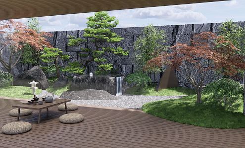 New Chinese style landscape sketch courtyard landscape Mount Tai dead stone landscape wall fence stone pine tea room 3d model