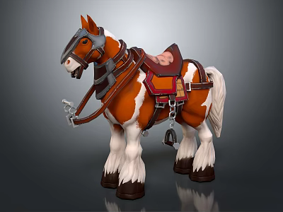 Realistic 3D Model of Brown And White Horse With Saddle And Bridle 3d model