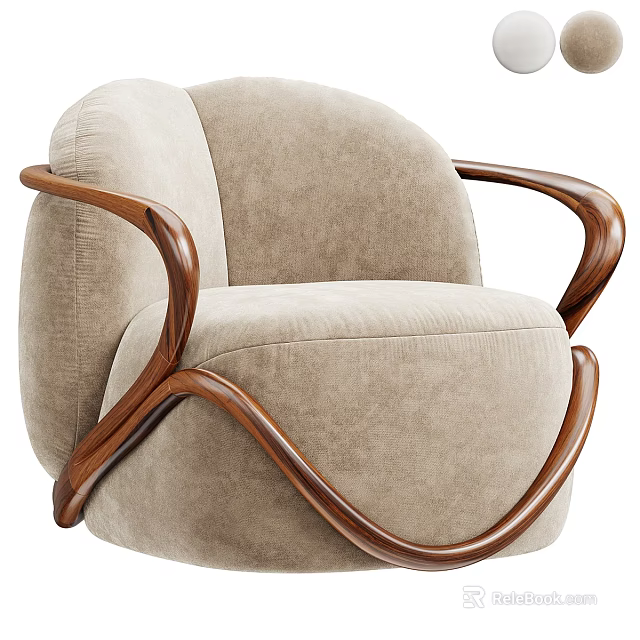 Elegant Single Sofa With Beige Fabric And Curved Wooden Armrests Design 3d model 
