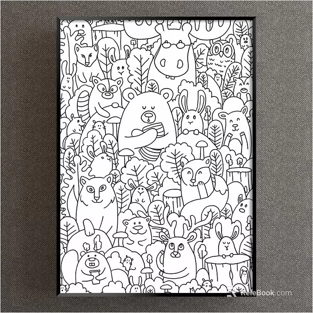 Cute Cartoon Animals And Plants Black White Line Art Illustration Design 3d model 