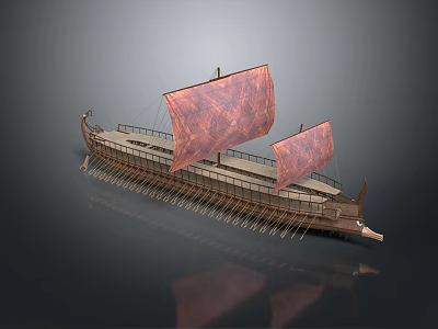 Ancient Wooden Ship With Red Sails And Traditional Rowing Oars Design 3d model