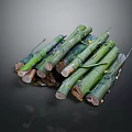 Stacked Green Wood Logs With Natural Bark And Rustic Look In Dark Background