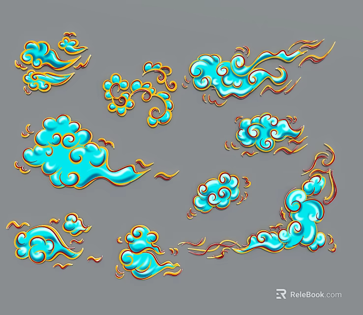 Blue Cloud Pattern Hanging Ornaments With Golden Decorative Borders And Various Shapes 3d model