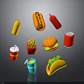 Various Fast Food Selection With Burger Hotdog Fries Taco Drinks And Condiments