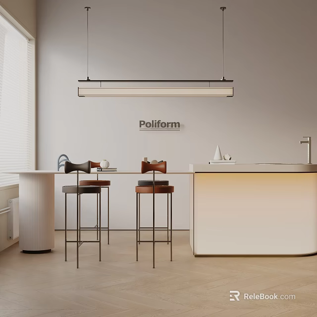 Modern Dining Table Set With Counter Bar Stools And Pendant Light Interior 3d model