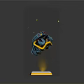 Blue Mechanical Robot Floating On Base With FIREFLY Label And Yellow Glowing Particles