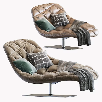 Beige Tufted Lounge Chair With Green And Patterned Cushions And Gray Throw Blanket 3d model