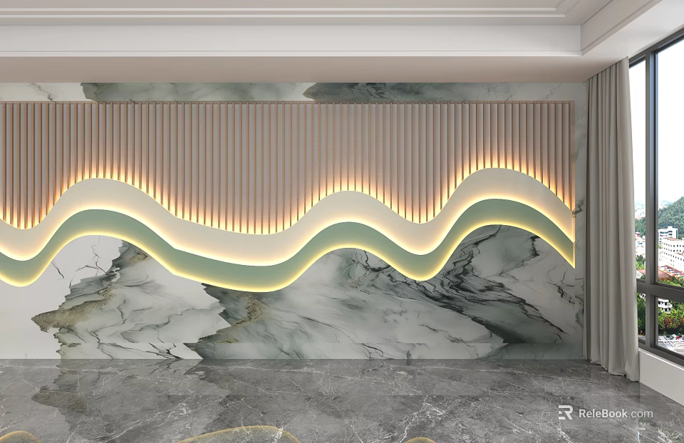 Modern Wall Design With Wavy Light Strips Wooden Slats And Marble Texture 3d model 