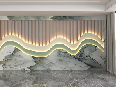 Modern Wall Design With Wavy Light Strips Wooden Slats And Marble Texture 3d model