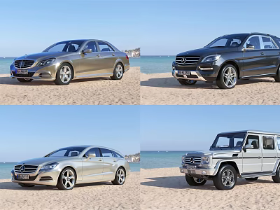 Various Luxury Cars Parked On Sandy Beach With Ocean And Clear Blue Sky 3d model