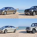 Various Luxury Cars Parked On Sandy Beach With Ocean And Clear Blue Sky