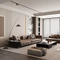 Modern Living Room Interior Design With Brown Sofa Armchair Coffee Table Wall Paneling And Blinds
