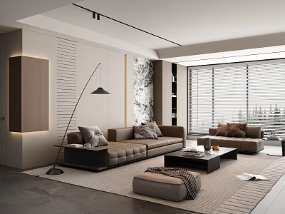 Modern Living Room Interior Design With Brown Sofa Armchair Coffee Table Wall Paneling And Blinds 3d model