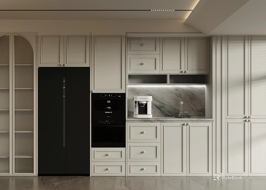 Modern Kitchen Sideboard Cabinet With White Cabinetry Black Refrigerator Built In Oven And Marble Countertop 3d model 