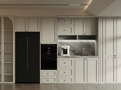 Modern Kitchen Sideboard Cabinet With White Cabinetry Black Refrigerator Built In Oven And Marble Countertop 3d model