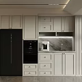 Modern Kitchen Sideboard Cabinet With White Cabinetry Black Refrigerator Built In Oven And Marble Countertop