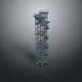 Scenic Landscape Featuring Tall Metal Tower With Spiral Stairs Against Gray Background