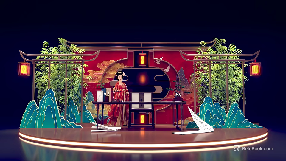 Interactive Area With Traditional Costume Woman And Chinese Style Stage Red Backdrop Bamboo Lanterns 3d model 