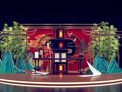 Interactive Area With Traditional Costume Woman And Chinese Style Stage Red Backdrop Bamboo Lanterns 3d model