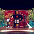 Interactive Area With Traditional Costume Woman And Chinese Style Stage Red Backdrop Bamboo Lanterns