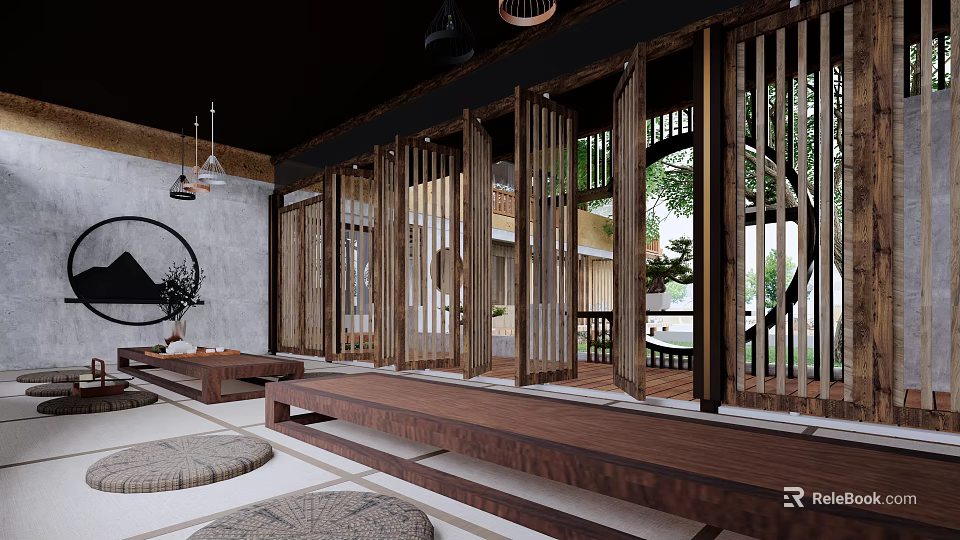 Hotel Public Lounge Area With Wooden Sliding Screens Tatami Mats And Natural Views 3d model 