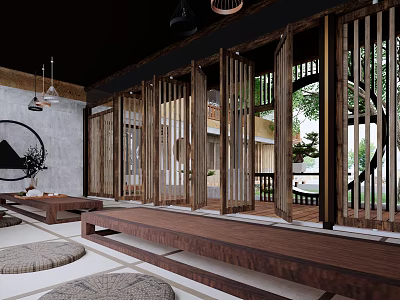 Hotel Public Lounge Area With Wooden Sliding Screens Tatami Mats And Natural Views 3d model