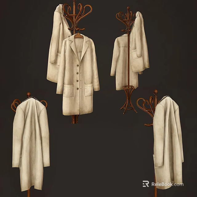 Elegant Wooden Clothes Racks with White Coats and Various Stylish Designs 3d model 