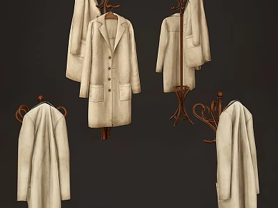 Elegant Wooden Clothes Racks with White Coats and Various Stylish Designs 3d model
