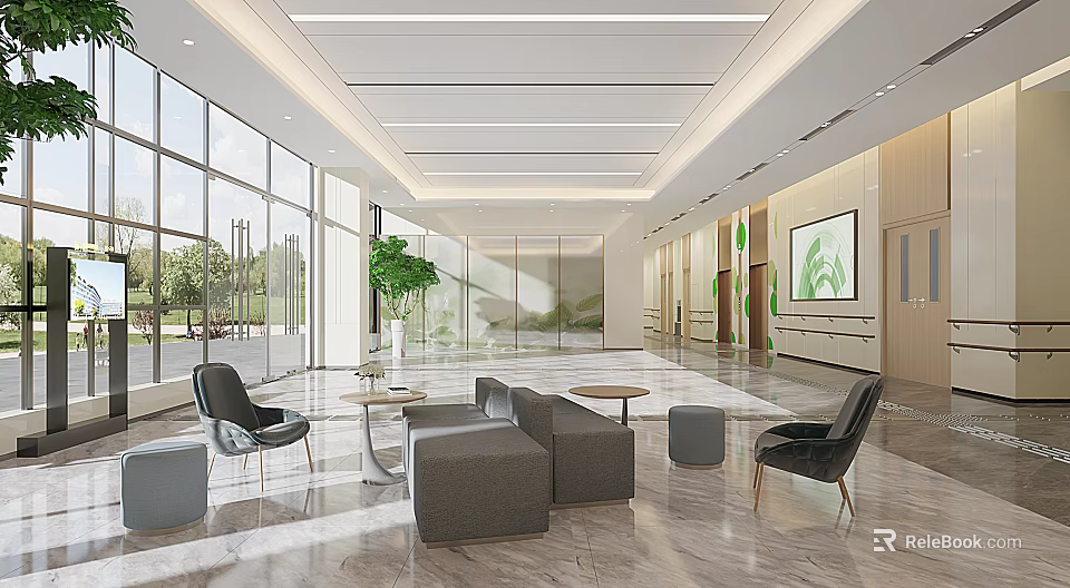Hospital Outpatient Clinic Modern Waiting Area With Spacious Design Sofas Chairs Large Windows And Plants 3d model 