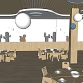Kindergarten Dining Area With Wooden Ceiling Round Lights And Wall Decors