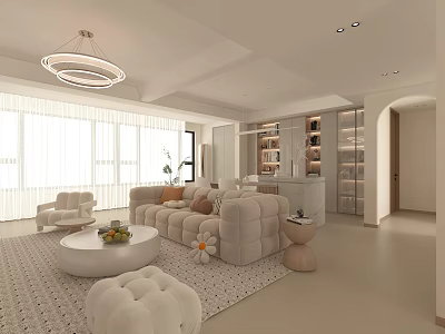 Modern Living Dining Room Interior With Beige Sofa Round Coffee Table And Chandelier 3d model
