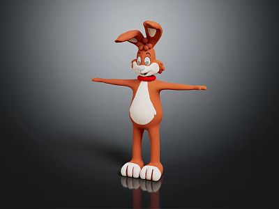 3D Cartoon Game Character Brown Rabbit With White Belly Paws Red Bowtie Standing Arms Outstretched 3d model