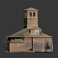 Historic Brick Church Building With Tiled Roof Tower And Small Trees