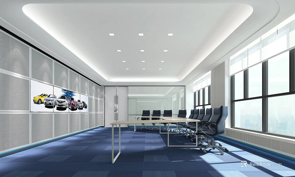 Modern Conference Room With Long Table Black Chairs Large Windows And Car Wall Decor 3d model 