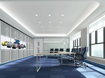 Modern Conference Room With Long Table Black Chairs Large Windows And Car Wall Decor 3d model
