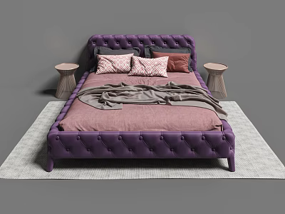 Purple Button Tufted Double Bed With Pink Bedspread Gray Throw And Side Nightstands 3d model