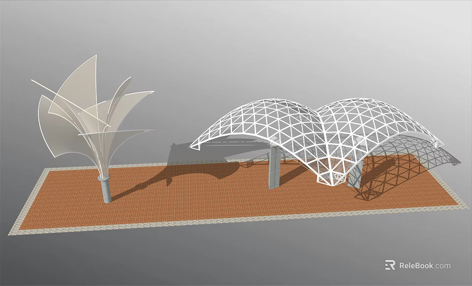 Outdoor Modern Double Curved Pergola With Geodesic Grid Structure And Brick Pavement 3d model 