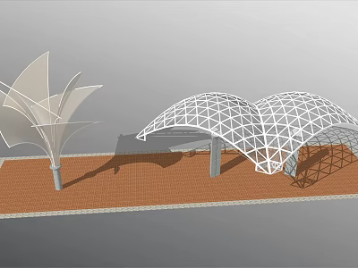 Outdoor Modern Double Curved Pergola With Geodesic Grid Structure And Brick Pavement 3d model