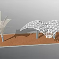 Outdoor Modern Double Curved Pergola With Geodesic Grid Structure And Brick Pavement