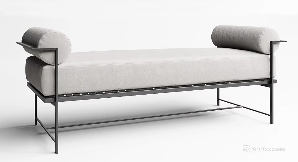 Modern Light Gray Upholstered Sofa Bench With Metal Frame And Round Armrests 3d model