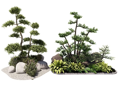 Arbor Trees With Decorative Stones And Green Plants In Garden Landscape 3d model