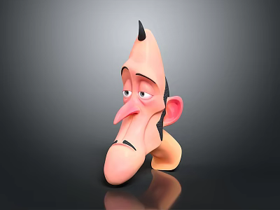 Cartoon Man With Pointed Nose Mustache And Spiky Black Hair On Smooth Gray Reflective Background 3d model