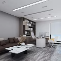 Modern Office Interior Design With Work Desk Sofa Bookshelf And Marble Wall Features