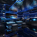 Modern KTV Interior With Blue Lighting Large Screen And Comfortable Seating